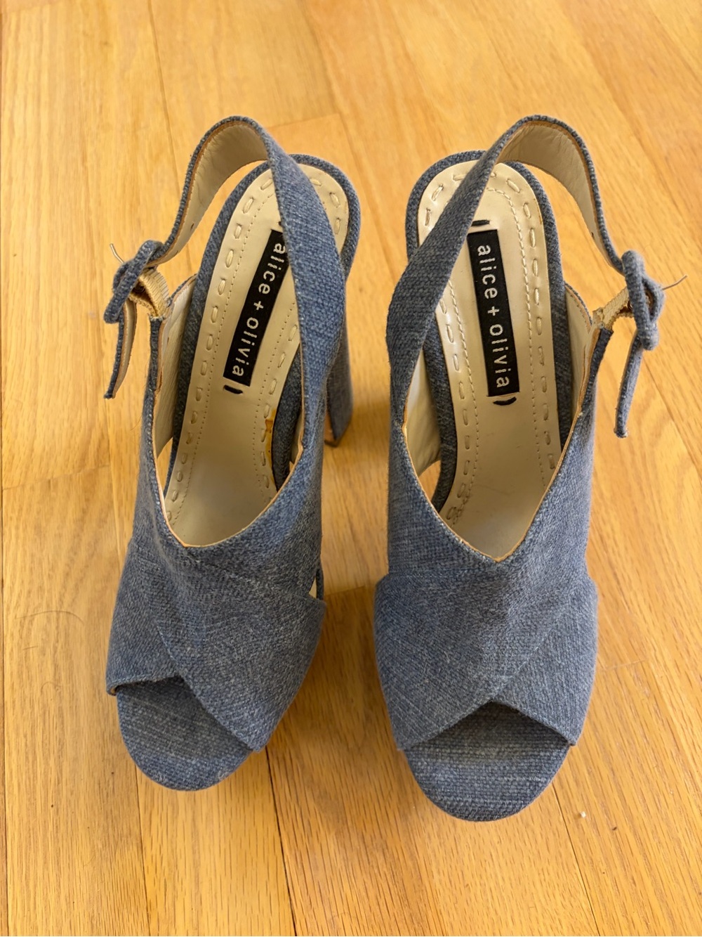 Alice + Olivia Denim Blue Peep-Toe Slingback Heels with Bow